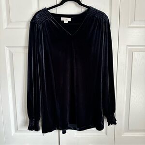 CJ Banks Shirt Womens 1X Navy Blue Velvet Smocked Long Sleeve Tunic Top Flowy